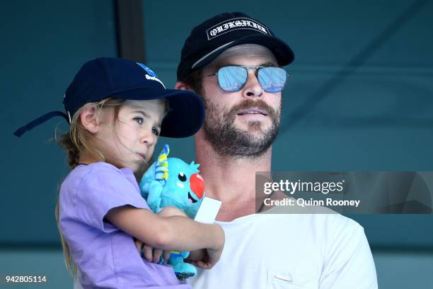 Actor Chris Hemsworth and daughter India Rose Hemsworth attend the swimming on day three of the Gold Coast 2018 Commonwealth Games at Optus Aquatic...