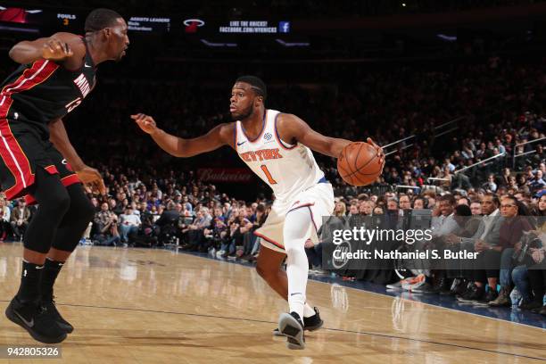 Emmanuel Mudiay of the New York Knicks handles the ball against the Miami Heat on April 6, 2018 at Madison Square Garden in New York City, New York....