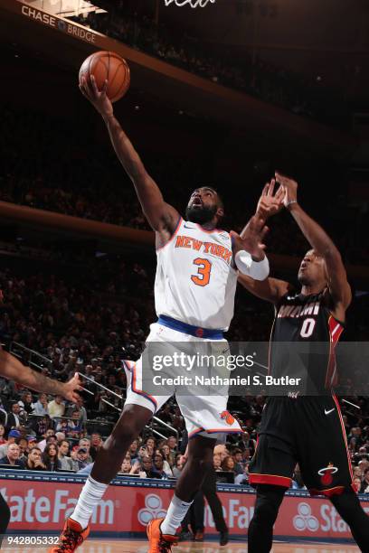 Tim Hardaway Jr. #3 of the New York Knicks goes to the basket against the Miami Heat on April 6, 2018 at Madison Square Garden in New York City, New...