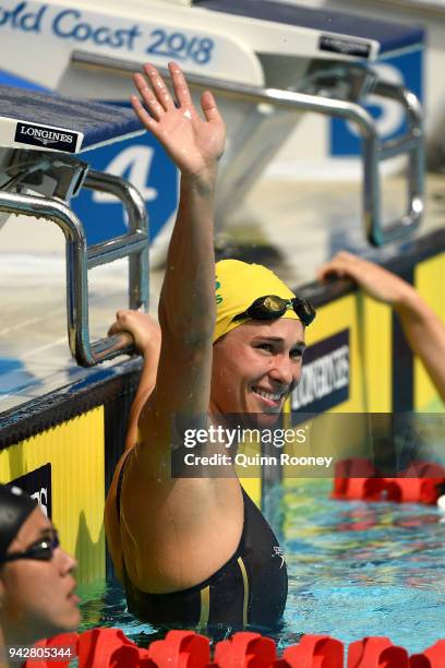 Madeline Groves of Australia waves to the crowd following the Women's 50m Butterfly - Heat 3 on day three of the Gold Coast 2018 Commonwealth Games...