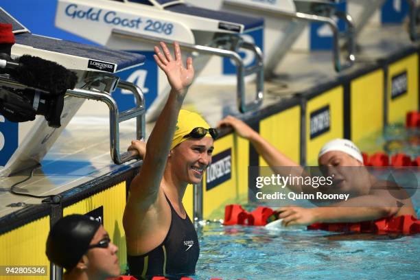 Madeline Groves of Australia waves to the crowd following the Women's 50m Butterfly - Heat 3 on day three of the Gold Coast 2018 Commonwealth Games...