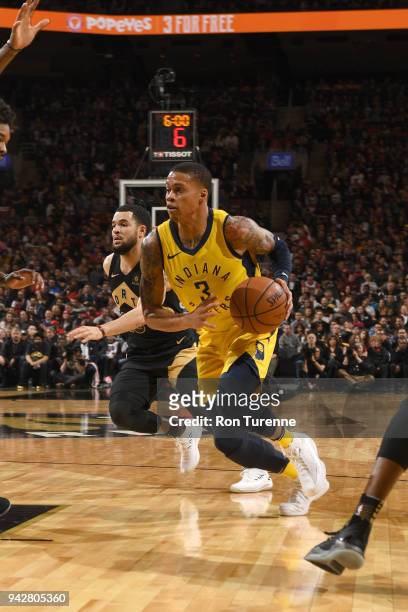 Joe Young of the Indiana Pacers handles the ball against the Toronto Raptors on April 6, 2018 at the Air Canada Centre in Toronto, Ontario, Canada....