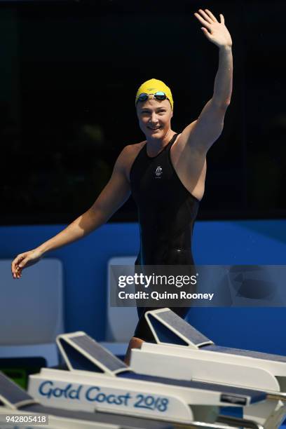 Cate Campbell of Australia waves following the Women's 50m Butterfly - Heat 4 on day three of the Gold Coast 2018 Commonwealth Games at Optus Aquatic...