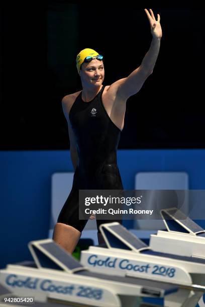 Cate Campbell of Australia waves following the Women's 50m Butterfly - Heat 4 on day three of the Gold Coast 2018 Commonwealth Games at Optus Aquatic...