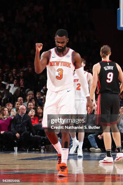 Tim Hardaway Jr. #3 of the New York Knicks reacts during the game against the Miami Heat on April 6, 2018 at Madison Square Garden in New York City,...