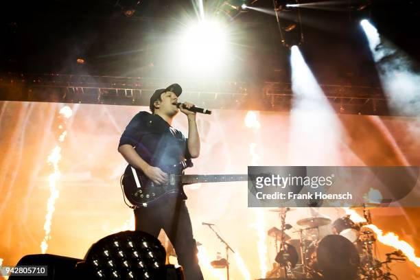 Singer Patrick Stump of the American band Fall Out Boy performs during a concert at the Max-Schmeling-Halle on April 6, 2018 in Berlin, Germany.