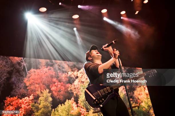 Singer Patrick Stump of the American band Fall Out Boy performs during a concert at the Max-Schmeling-Halle on April 6, 2018 in Berlin, Germany.