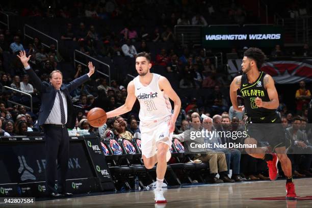 Tomas Satoransky of the Washington Wizards handles the ball against the Atlanta Hawks on April 6, 2018 at Capital One Arena in Washington, DC. NOTE...