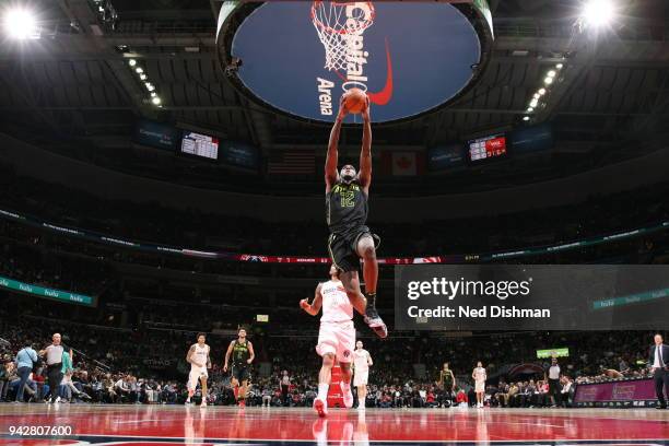 Taurean Prince of the Atlanta Hawks dunks against the Washington Wizards on April 6, 2018 at Capital One Arena in Washington, DC. NOTE TO USER: User...