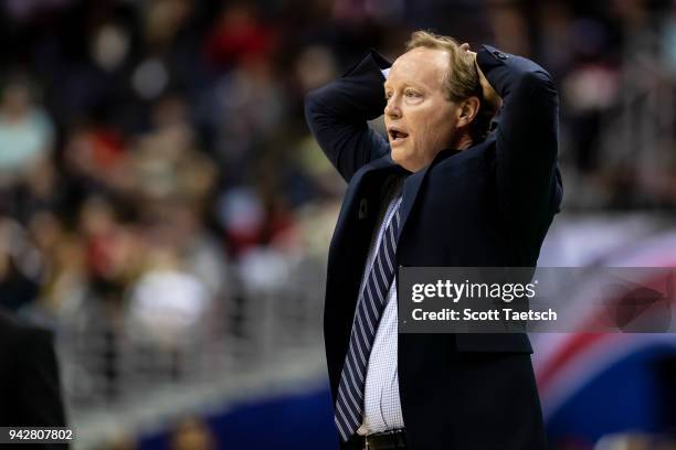 Head coach Mike Budenholzer of the Atlanta Hawks reacts during the second half at Capital One Arena on April 6, 2018 in Washington, DC. NOTE TO USER:...