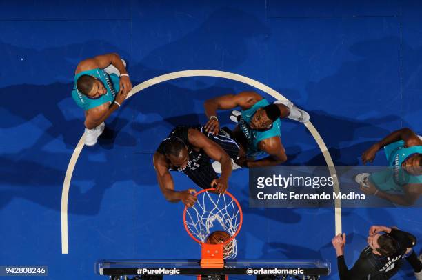 Bismack Biyombo of the Orlando Magic dunks the ball against the Charlotte Hornets on April 6, 2018 at Amway Center in Orlando, Florida. NOTE TO USER:...
