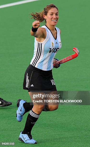 Soledad Garcia of Argentina celebrates the opening goal against China during the first round of the Women's Hockey Champions Trophy in Sydney on July...