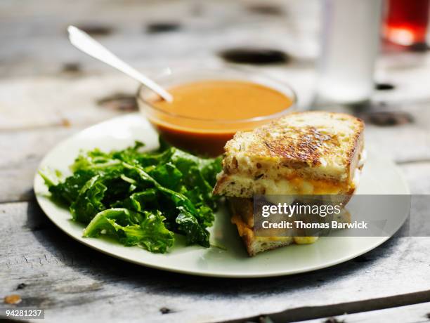 grilled cheese with mixed greens and tomato bisque - soup and sandwich stock pictures, royalty-free photos & images