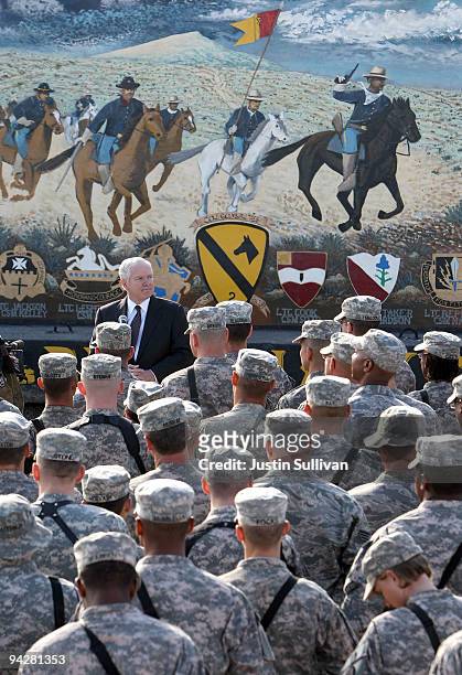 Secretary of Defense Robert Gates speaks to soldiers at F.O.B. Warrior December 11, 2009 in Kirkuk, Iraq. Secretary Gates stopped in Iraq following a...
