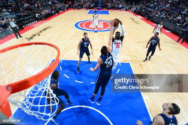 James Ennis III of the Detroit Pistons shoots the ball against the Dallas Mavericks on April 6, 2018 at Little Caesars Arena in Detroit, Michigan....