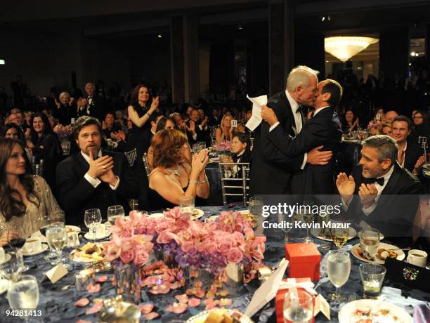 Actress Angelina Jolie, actor Brad Pitt, Susie Ekins, honoree Jerry Weintraub, Paul Anka, and actor George Clooney attend the UNICEF Ball held at the...