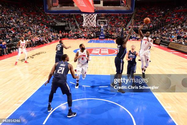 Reggie Jackson of the Detroit Pistons shoots the ball against the Dallas Mavericks on April 6, 2018 at Little Caesars Arena in Detroit, Michigan....