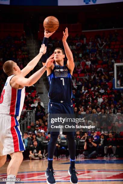 Dwight Powell of the Dallas Mavericks shoots the ball against the Detroit Pistons on April 6, 2018 at Little Caesars Arena in Detroit, Michigan. NOTE...