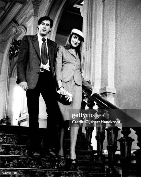 Bryan Ferry and Jerry Hall posed together in the Amstel Hotel, Amsterdam, Holland in 1976