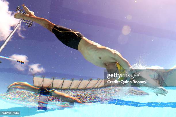 Jack Cartwright of Australia competes during the Men's 100m Freestyle - Heat 6 on day three of the Gold Coast 2018 Commonwealth Games at Optus...