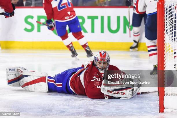 Laval Rocket goalie Zach Fucale lays on the ice after giving a goal during the Springfield Thunderbirds versus the Laval Rocket game on April 6 at...
