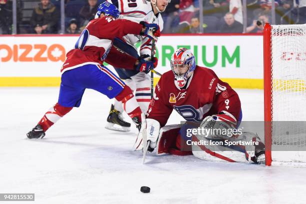 Laval Rocket goalie Zach Fucale gives a rebound during the Springfield Thunderbirds versus the Laval Rocket game on April 6 at Place Bell in Laval, QC