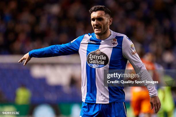 Lucas Perez of Deportivo de La Coruna reacts during the La Liga match between Deportivo La Coruna and Malaga at Abanca Riazor Stadium on April 6,...