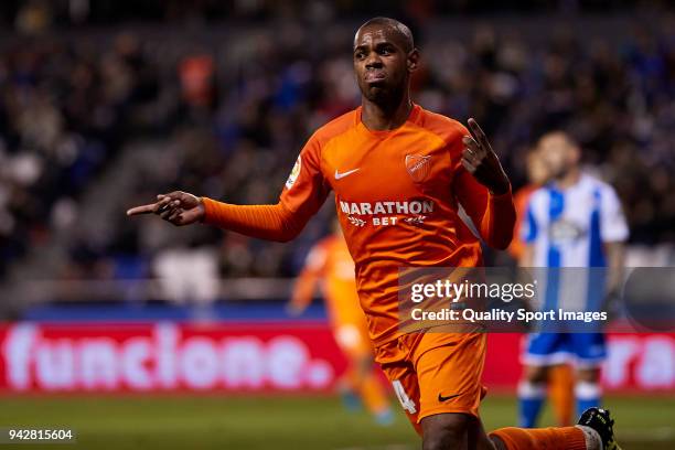 Diego Rolan of Malaga CF celebrates after scoring his team's second goal during the La Liga match between Deportivo La Coruna and Malaga at Abanca...