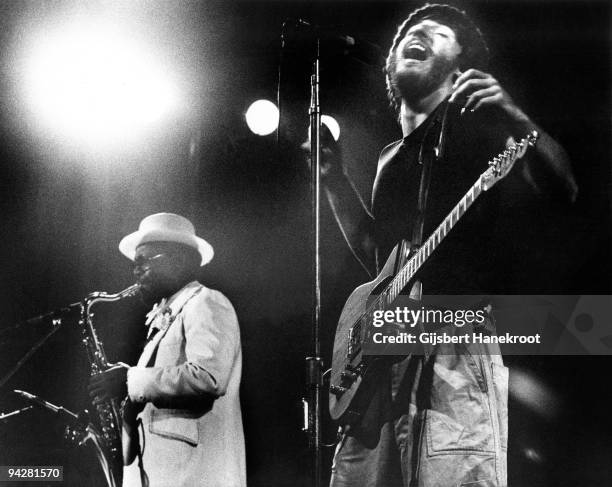 Bruce Springsteen performs live on stage with Clarence Clemons at RAI Congres Hall in Amsterdam, Holland on November 23 1975 during his Born To Run...