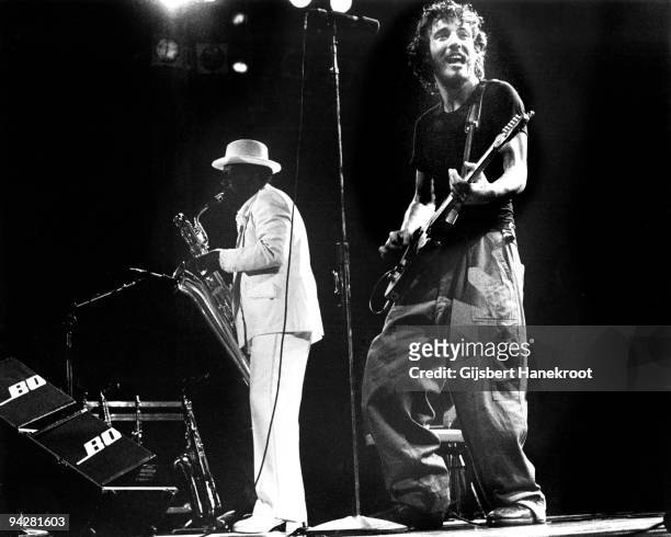 Bruce Springsteen performs live on stage with Clarence Clemons at RAI Congres Hall in Amsterdam, Holland on November 23 1975 during his Born To Run...
