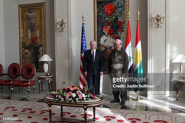 Secretary of Defense Robert Gates stands with President of the Kurdistan Regional Government Masud Barzani at his residence December 11, 2009 in...