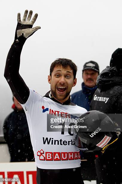 Michi Halilovic of Germany reacts after finishing 5th in the men's skeleton competition during the FIBT Bob & Skeleton World Cup at the bob run on...