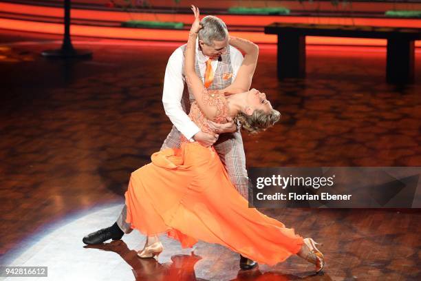 Thomas Hermanns and Regina Luca perform on stage during the 3rd show of the 11th season of the television competition 'Let's Dance' on April 6, 2018...