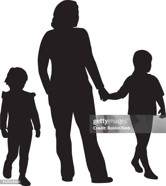 mother with daughters silhouette - single mother stock illustrations