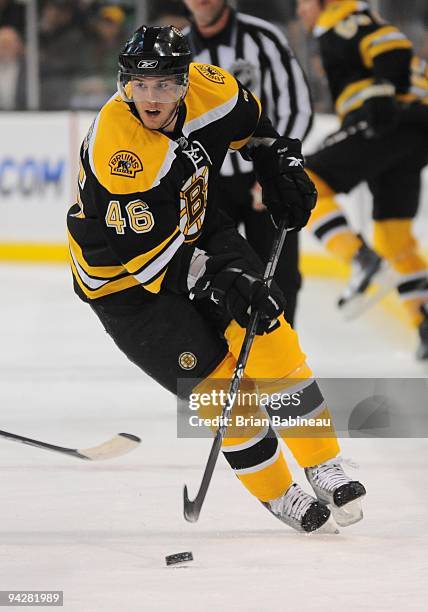 David Krejci of the Boston Bruins skates with the puck against the Toronto Maple Leafs at the TD Garden on December 10, 2009 in Boston, Massachusetts.