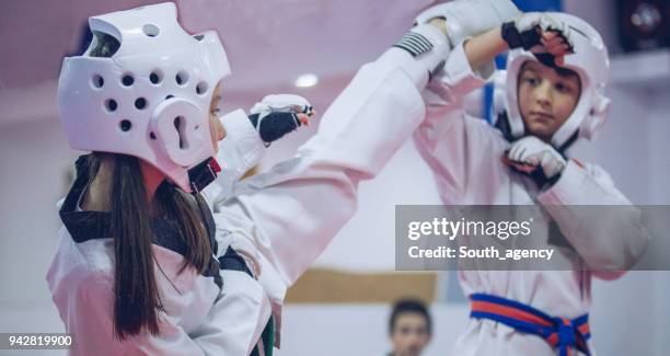 zwei kinder taekwondo training - karateka stock-fotos und bilder