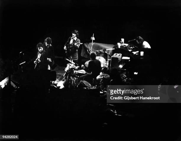 Bob Dylan performs on stage with the band, Bob Dylan, Robbie Robertson, Rick Danko, Levon Helm and Garth Hudson, at Madison Square Garden on January...