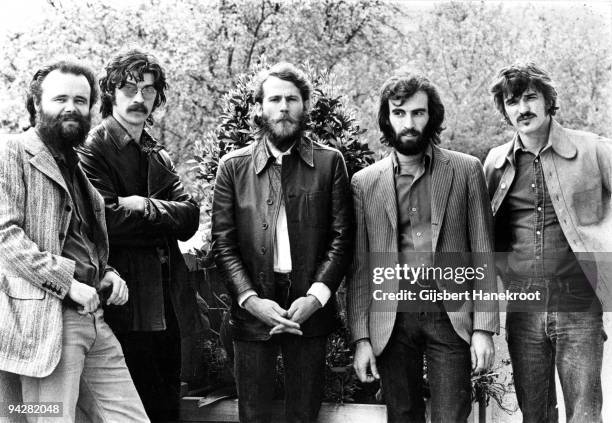 Garth Hudson, Robbie Robertson, Levon Helm, Richard Manuel and Rick Danko of The Band pose for a group portrait in London in June 1971.