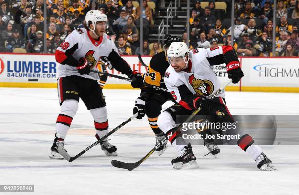 Cody Ceci of the Ottawa Senators moves the puck during the third period against the Pittsburgh Penguins at PPG Paints Arena on April 6, 2018 in...