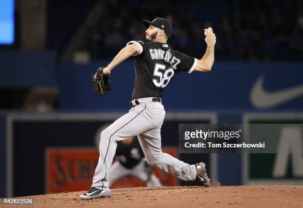 Miguel Gonzalez of the Chicago White Sox delivers a pitch in the second inning during MLB game action against the Toronto Blue Jays at Rogers Centre...