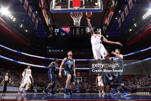 Langston Galloway of the Detroit Pistons shoots the ball during the game against the Dallas Mavericks on April 6, 2018 at Little Caesars Arena in...