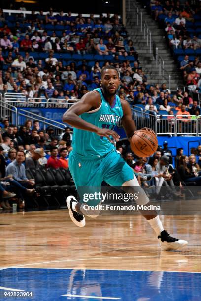 Michael Kidd-Gilchrist of the Charlotte Hornets handles the ball against the Orlando Magic on April 6, 2018 at Amway Center in Orlando, Florida. NOTE...