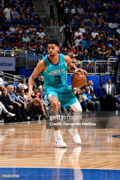 Jeremy Lamb of the Charlotte Hornets handles the ball against the Orlando Magic on April 6, 2018 at Amway Center in Orlando, Florida. NOTE TO USER:...