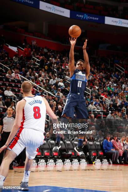 Yogi Ferrell of the Dallas Mavericks shoots the ball during the game against the Detroit Pistons on April 6, 2018 at Little Caesars Arena in Detroit,...