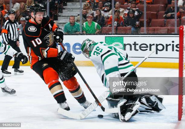 Corey Perry of the Anaheim Ducks is denied by goalie Mike McKenna of the Dallas Stars during the first period of the game at Honda Center on April 6,...
