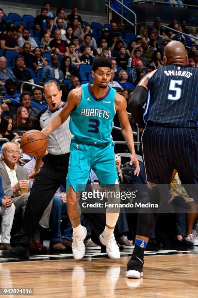 Jeremy Lamb of the Charlotte Hornets handles the ball against the Orlando Magic on April 6, 2018 at Amway Center in Orlando, Florida. NOTE TO USER:...