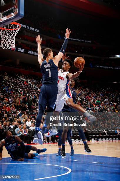 Stanley Johnson of the Detroit Pistons passes the ball during the game against the Dallas Mavericks on April 6, 2018 at Little Caesars Arena in...