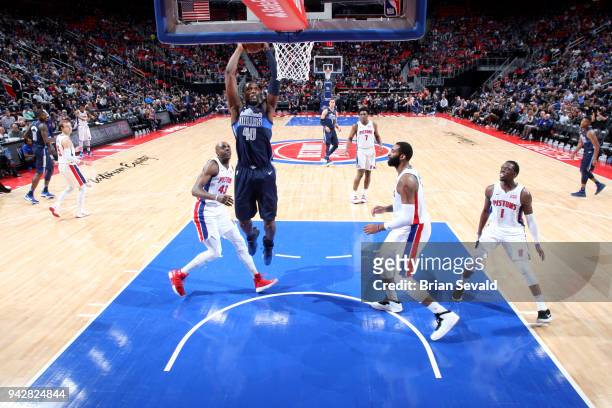 Harrison Barnes of the Dallas Mavericks dunks the ball during the game against the Detroit Pistons on April 6, 2018 at Little Caesars Arena in...