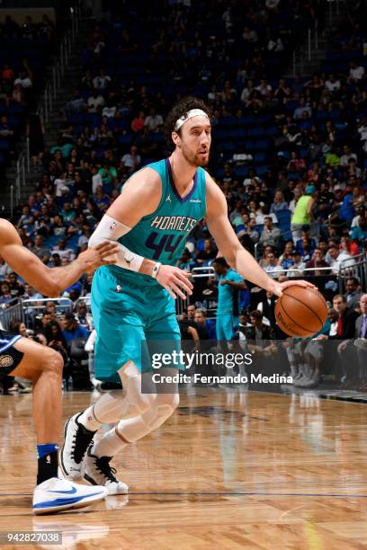 Frank Kaminsky of the Charlotte Hornets handles the ball against the Orlando Magic on April 6, 2018 at Amway Center in Orlando, Florida. NOTE TO...