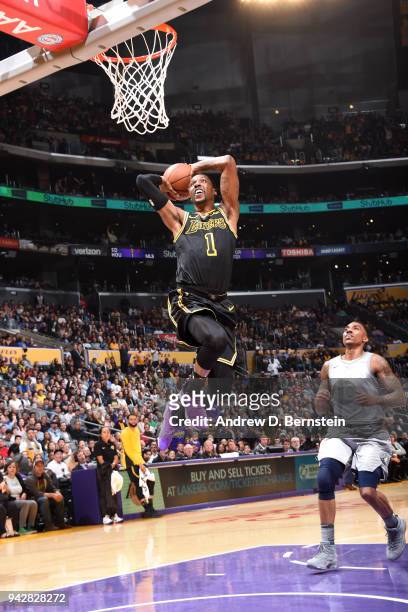 Kentavious Caldwell-Pope of the Los Angeles Lakers drives to the basket during the game against the Minnesota Timberwolves on April 6, 2018 at...
